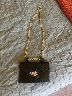 Black Croc-Embossed Crossbody Bag with Gold Dragon Accent